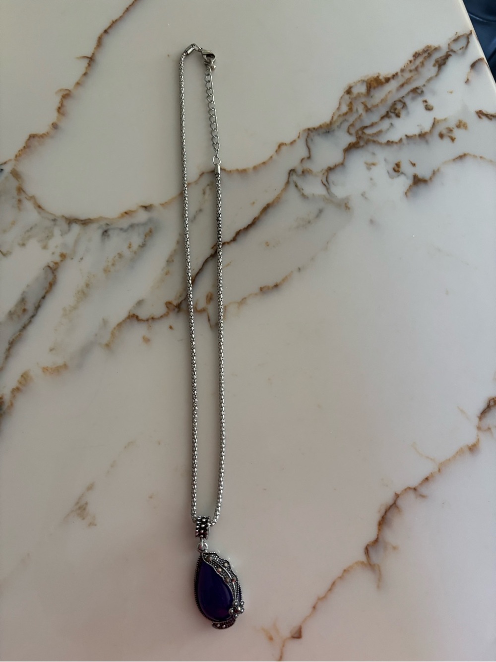 Silver Necklace with Purple Teardrop Pendant